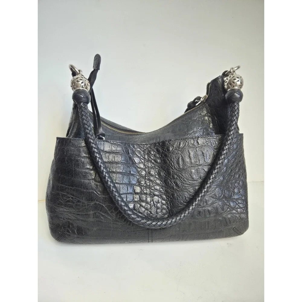 BRIGHTON Vintage Black Leather Croc Embossed Large‎ Handbag Shoulder Hobo